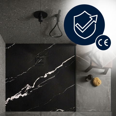 BRODZIK PRYSZNICOWY KWADRATOWY 80x80 CM NISKI CZARNY STRUKTURA KAMIENIA WZÓR MARMUR MAT RIKO
