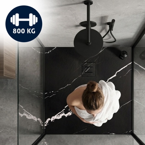 BRODZIK PRYSZNICOWY KWADRATOWY 80x80 CM NISKI CZARNY STRUKTURA KAMIENIA WZÓR MARMUR MAT RIKO