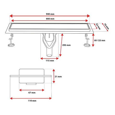 ODPŁYW LINIOWY 90 CM OBROTOWY INOX NISKI SYFON 52 MM WYSOKA PRZEPUSTOWOŚĆ DL05