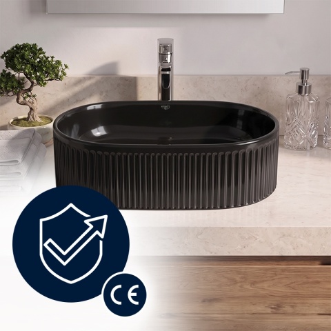 UMYWALKA NABLATOWA CERAMICZNA OWALNA RYFLOWANA ELIX-BL-490 CZARNY POŁYSK 49x31 CM