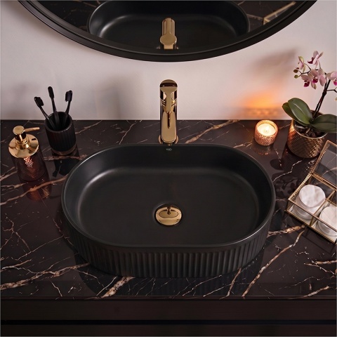 UMYWALKA NABLATOWA CERAMICZNA OWALNA RYFLOWANA ELIX-MTB-490 CZARNY MAT 49x31 CM