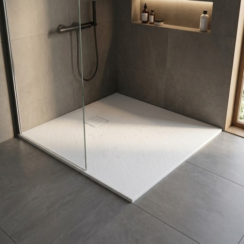 BRODZIK PRYSZNICOWY KWADRATOWY 90x90 CM NISKI BIAŁY STRUKTURA KAMIENIA MAT RIKO