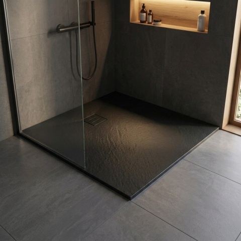BRODZIK PRYSZNICOWY KWADRATOWY 80x80 CM NISKI CZARNY STRUKTURA KAMIENIA MAT RIKO