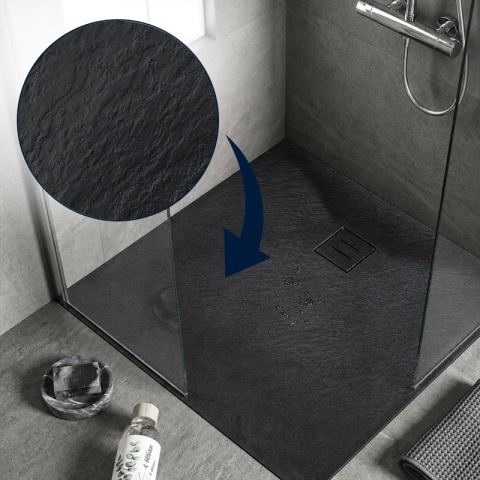 BRODZIK PRYSZNICOWY KWADRATOWY 80x80 CM NISKI CZARNY STRUKTURA KAMIENIA MAT RIKO