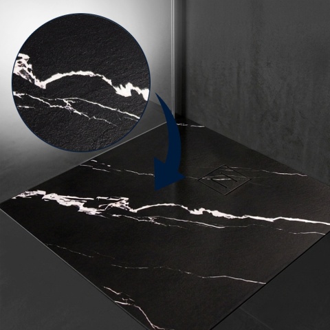 BRODZIK PRYSZNICOWY KWADRATOWY 90x90 CM NISKI CZARNY STRUKTURA KAMIENIA WZÓR MARMUR MAT RIKO