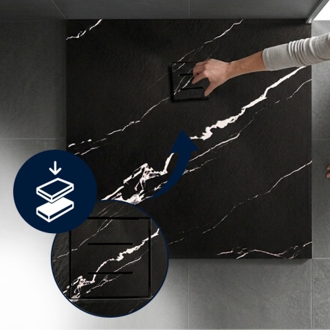 BRODZIK PRYSZNICOWY KWADRATOWY 90x90 CM NISKI CZARNY STRUKTURA KAMIENIA WZÓR MARMUR MAT RIKO