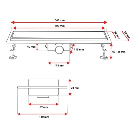 ODPŁYW LINIOWY 60 CM INOX NISKI SYFON 52 MM WYSOKA PRZEPUSTOWOŚĆ PRYSZNIC DL01 DELTA