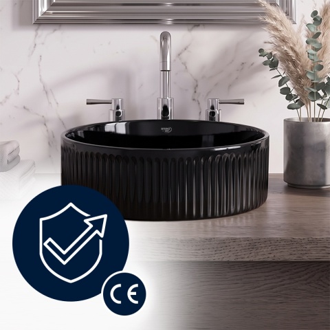 UMYWALKA NABLATOWA CERAMICZNA OKRĄGŁA LAVA-BL-RF-370 CZARNA RYFLOWANA 37x13 CM