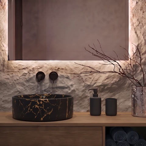 UMYWALKA NABLATOWA CERAMICZNA OKRĄGŁA LAVA-MTB-MAR3-360 MARMUR CZARNY MAT 36x12 CM