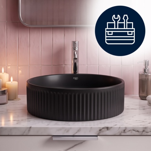 UMYWALKA NABLATOWA CERAMICZNA OKRĄGŁA LAVA-MTB-RF-370 CZARNY MAT RYFLOWANA 37x13 CM