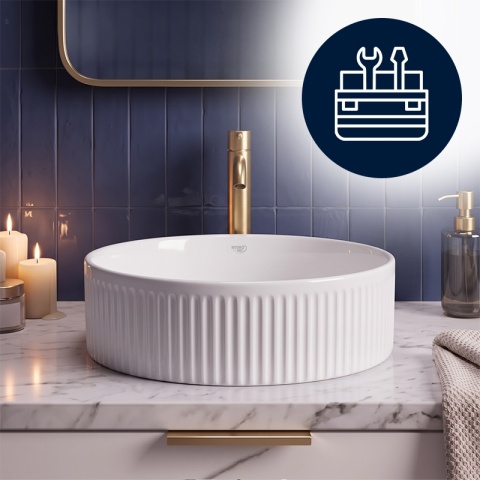 UMYWALKA NABLATOWA CERAMICZNA RYFLOWANA OKRĄGŁA LAVA-WH-RF-370 BIAŁY POŁYSK 37x13 CM