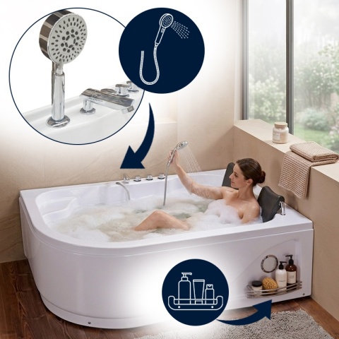WANNA Z HYDROMASAŻEM I FUNKCJĄ OZONOWANIA 180x120 BIAŁA PRZYŚCIENNA AKRYLOWA 2-OS CARMEN