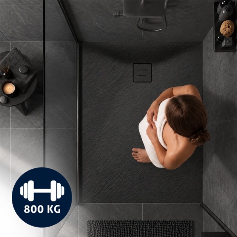BRODZIK PRYSZNICOWY PROSTOKĄTNY 100x80 CM NISKI CZARNY STRUKTURA KAMIENIA MAT RIKO