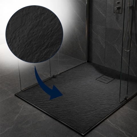 BRODZIK PRYSZNICOWY PROSTOKĄTNY 90x70 CM NISKI CZARNY STRUKTURA KAMIENIA MAT RIKO