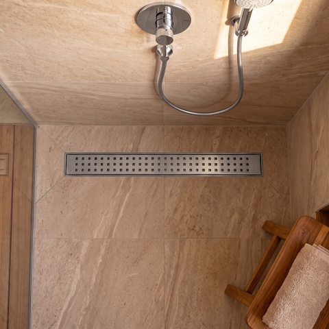 ODPŁYW LINIOWY 90 CM INOX NISKI SYFON WYSOKA PRZEPUSTOWOŚĆ DL01 QUBE