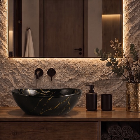 UMYWALKA NABLATOWA CERAMICZNA OWALNA LUMO-MAR4-405 CZARNY MARMUR POŁYSK 40x33 CM
