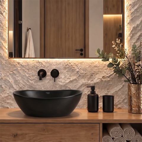 UMYWALKA NABLATOWA CERAMICZNA OWALNA LUMO-MTB-405 CZARNY MAT 40x35 CM