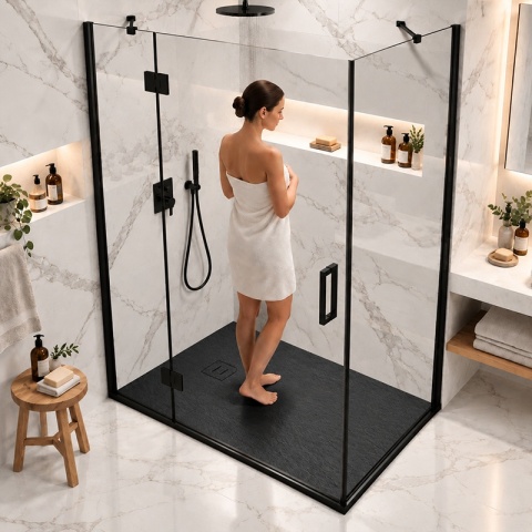 BRODZIK PRYSZNICOWY PROSTOKĄTNY 120x70 CM NISKI CZARNY STRUKTURA KAMIENIA MAT RIKO
