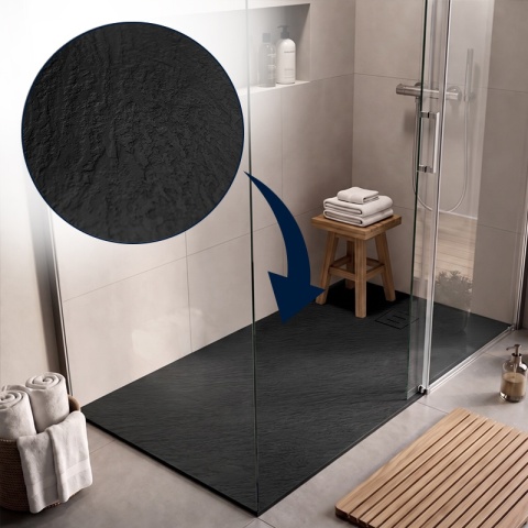 BRODZIK PRYSZNICOWY PROSTOKĄTNY 130x90 CM NISKI CZARNY STRUKTURA KAMIENIA MAT RIKO