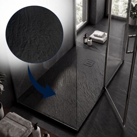 BRODZIK PRYSZNICOWY PROSTOKĄTNY 150x80 CM NISKI CZARNY STRUKTURA KAMIENIA MAT RIKO