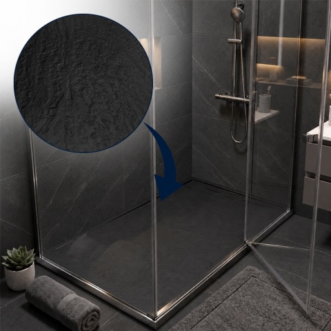 BRODZIK PRYSZNICOWY PROSTOKĄTNY 150x80 CM NISKI CZARNY STRUKTURA KAMIENIA MAT DEKO