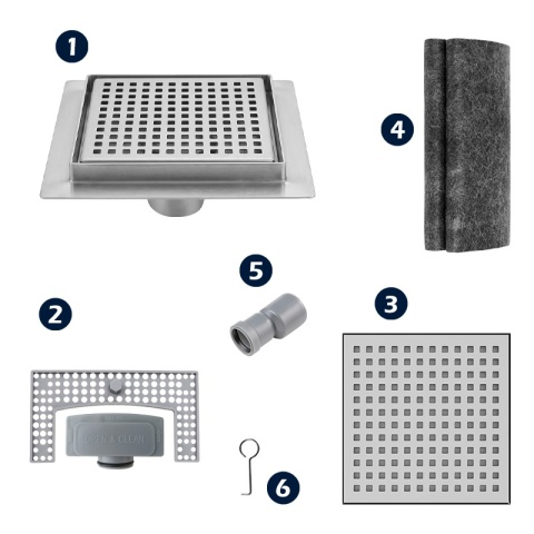 ODPŁYW LINIOWY 15x15 KWADRATOWY INOX NISKI SYFON WYSOKA PRZEPUSTOWOŚĆ DL08 QUBE