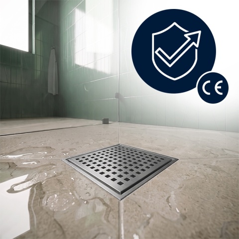 ODPŁYW LINIOWY 15x15 KWADRATOWY INOX NISKI SYFON WYSOKA PRZEPUSTOWOŚĆ DL08 QUBE