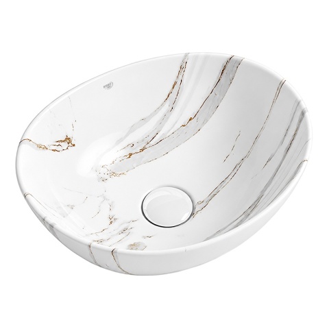 UMYWALKA NABLATOWA CERAMICZNA OWALNA LUMO-MAR1-405 BIAŁY MARMUR POŁYSK 40x33 CM