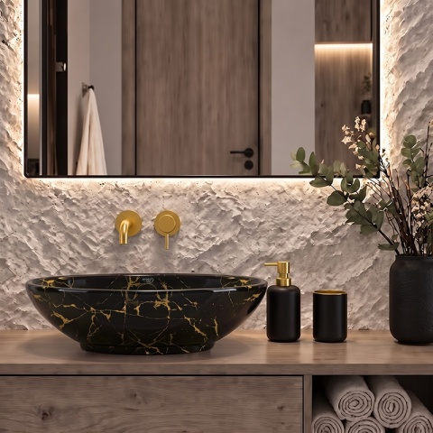 UMYWALKA NABLATOWA CERAMICZNA OWALNA LUMO-MAR4-530 CZARNY MARMUR POŁYSK 53x33 CM