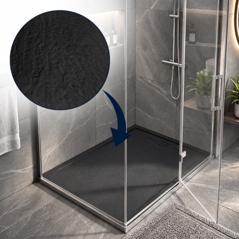 BRODZIK PRYSZNICOWY PROSTOKĄTNY 100x80 CM NISKI CZARNY STRUKTURA KAMIENIA MAT DEKO