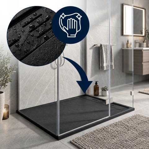BRODZIK PRYSZNICOWY PROSTOKĄTNY 100x80 CM NISKI CZARNY STRUKTURA KAMIENIA MAT DEKO
