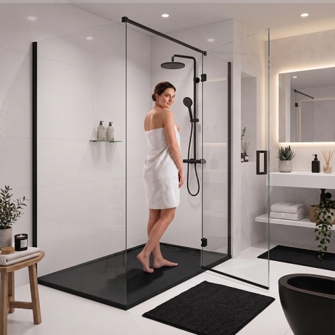BRODZIK PRYSZNICOWY PROSTOKĄTNY 140x90 CM NISKI CZARNY STRUKTURA KAMIENIA MAT DEKO