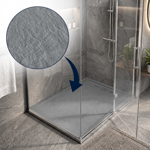 BRODZIK PRYSZNICOWY PROSTOKĄTNY 100x80 CM NISKI SZARY STRUKTURA KAMIENIA MAT DEKO