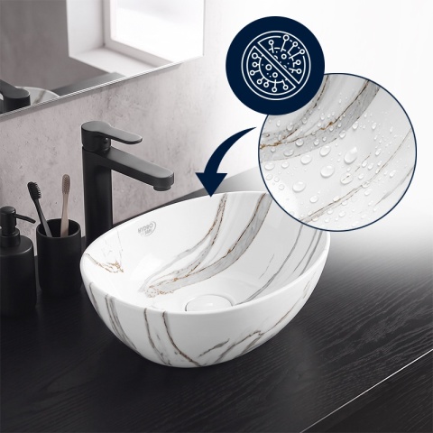 UMYWALKA NABLATOWA CERAMICZNA OWALNA LUMO-MAR1-340 BIAŁY MARMUR POŁYSK 34x27 CM