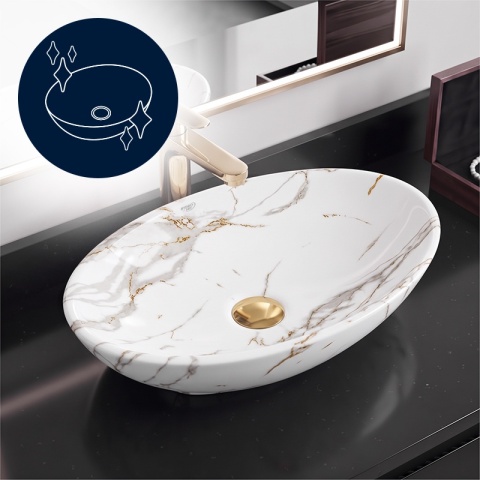 UMYWALKA NABLATOWA CERAMICZNA OWALNA LUMO-MAR1-530 BIAŁY MARMUR MAT 53x33 CM