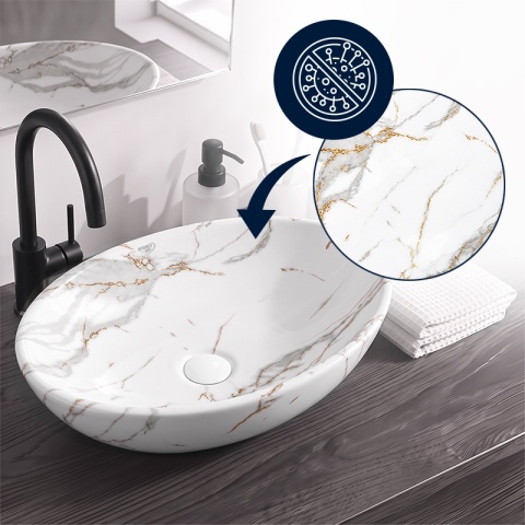 UMYWALKA NABLATOWA CERAMICZNA OWALNA LUMO-MAR1-530 BIAŁY MARMUR MAT 53x33 CM