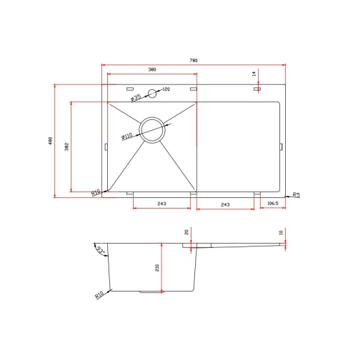 ZLEW KUCHENNY ZLEWOZMYWAK JEDNOKOMOROWY Z OCIEKACZEM STALOWY INOX MILOS-CH-78X48 DOZOWNIK SYFON UCHWYTY