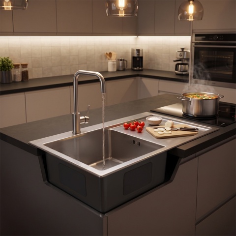 ZLEW KUCHENNY ZLEWOZMYWAK JEDNOKOMOROWY Z OCIEKACZEM STALOWY INOX MILOS-CH-78X48 DOZOWNIK SYFON UCHWYTY