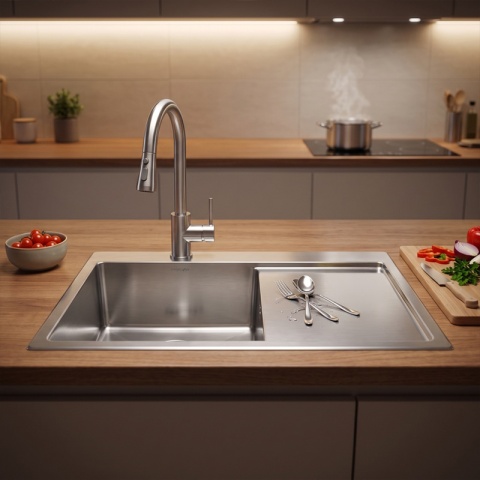 ZLEW KUCHENNY ZLEWOZMYWAK JEDNOKOMOROWY Z OCIEKACZEM STALOWY INOX MILOS-CH-78X48 DOZOWNIK SYFON UCHWYTY