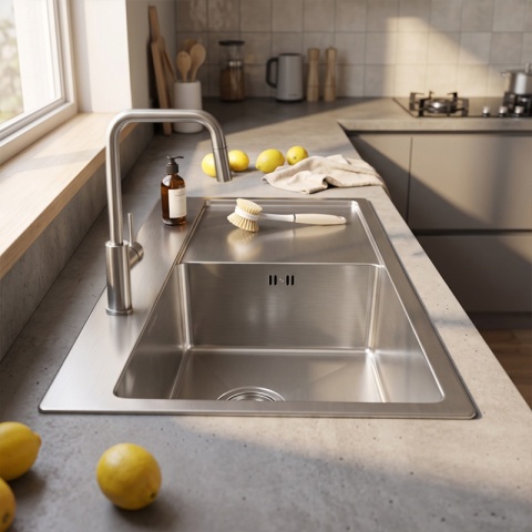 ZLEW KUCHENNY ZLEWOZMYWAK JEDNOKOMOROWY Z OCIEKACZEM STALOWY INOX MILOS-CH-78X48 DOZOWNIK SYFON UCHWYTY