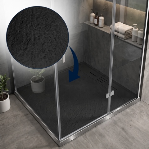 BRODZIK PRYSZNICOWY KWADRATOWY 90x90 CM NISKI CZARNY STRUKTURA KAMIENIA MAT DEKO