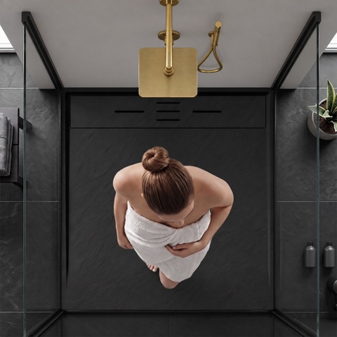 BRODZIK PRYSZNICOWY KWADRATOWY 90x90 CM NISKI CZARNY STRUKTURA KAMIENIA MAT DEKO