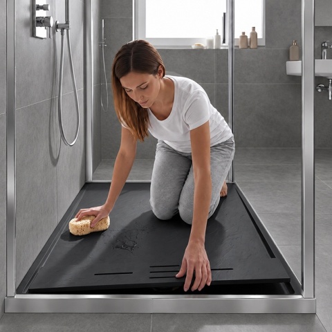 BRODZIK PRYSZNICOWY KWADRATOWY 80x80 CM NISKI CZARNY STRUKTURA KAMIENIA MAT DEKO