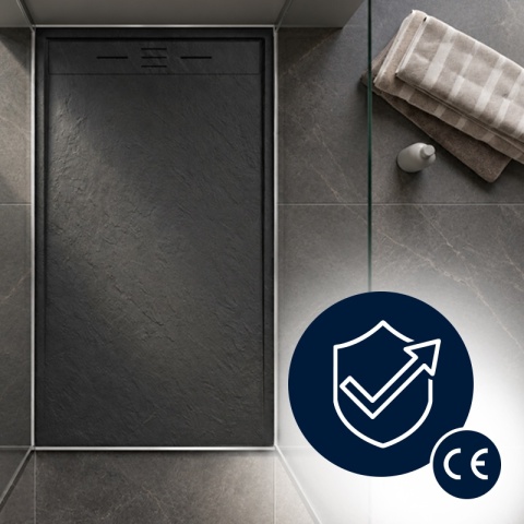 BRODZIK PRYSZNICOWY PROSTOKĄTNY 150x80 CM NISKI CZARNY STRUKTURA KAMIENIA MAT DEKO