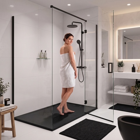 BRODZIK PRYSZNICOWY PROSTOKĄTNY 150x90 CM NISKI CZARNY STRUKTURA KAMIENIA MAT DEKO