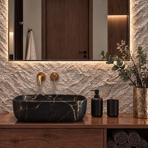 UMYWALKA NABLATOWA CERAMICZNA PROSTOKĄTNA MILO-MTB-MAR3-455 CZARNY MARMUR MAT 45x32 CM