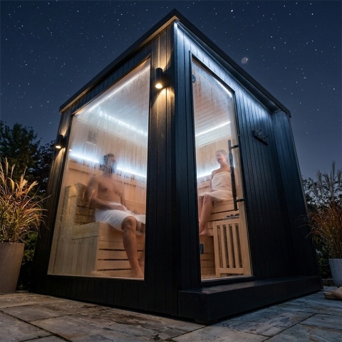 SAUNA FIŃSKA SUCHA WYSOKOTEMPERATUROWA ZEWNĘTRZNA OGRODOWA 230x213 CM 6-8 OSOBOWA Z PIECEM HARVIA 8kW WIFI BLUETOOTH KALVI
