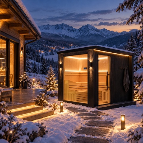 SAUNA FIŃSKA SUCHA WYSOKOTEMPERATUROWA ZEWNĘTRZNA OGRODOWA 230x213 CM 6-8 OSOBOWA Z PIECEM HARVIA 8kW WIFI BLUETOOTH KALVI