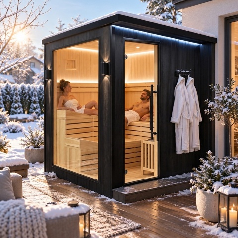 SAUNA FIŃSKA SUCHA WYSOKOTEMPERATUROWA ZEWNĘTRZNA OGRODOWA 230x213 CM 6-8 OSOBOWA Z PIECEM HARVIA 8kW WIFI BLUETOOTH KALVI