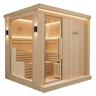 SAUNA FIŃSKA SUCHA WYSOKOTEMPERATUROWA ZEWNĘTRZNA OGRODOWA 230x213 CM 6-8 OSOBOWA Z PIECEM HARVIA 8kW WIFI BLUETOOTH KALVI